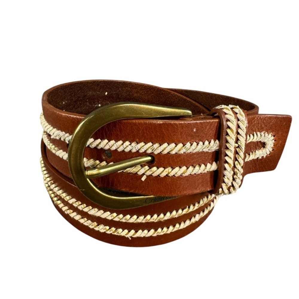 Calvin Klein Brown Leather Belt Gold Braided Whipstitch Brass Buckle Medium